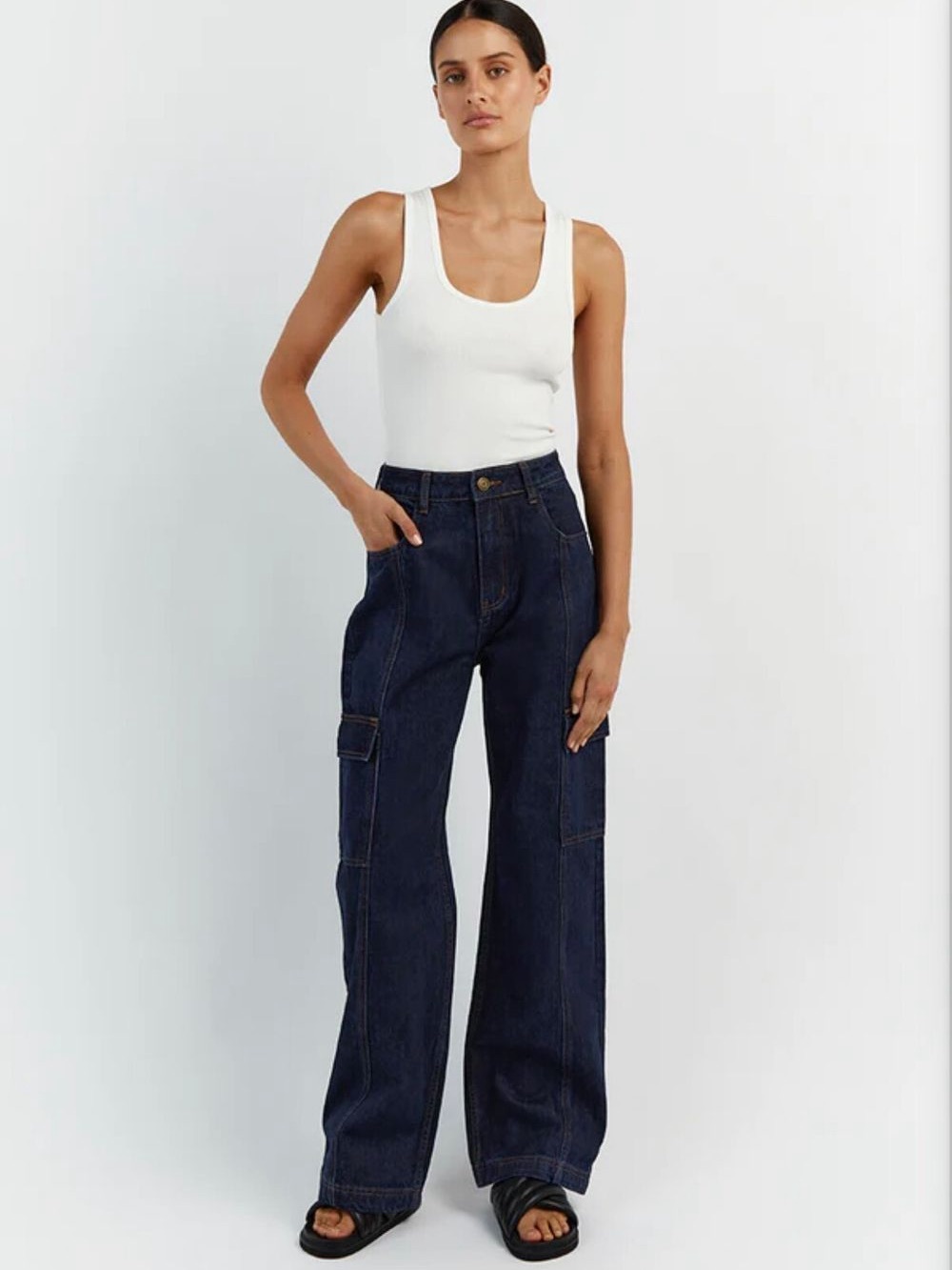 DISSH Brody Mid Rise Cargo Utility Pocket Jeans Indigo Dark Wash